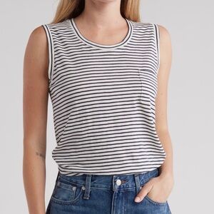 Madewell White With Navy Stripes Pocket Muscle Tank